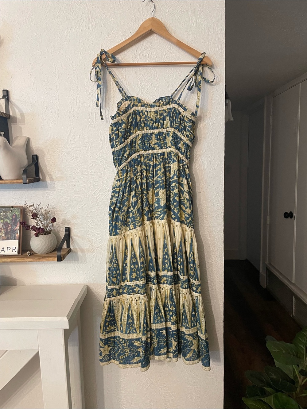 Ulla Johnson Blue Cream Printed Tie-Shoulder Midi Indah Dress Lanai Size 4 - Picture 5 of 10